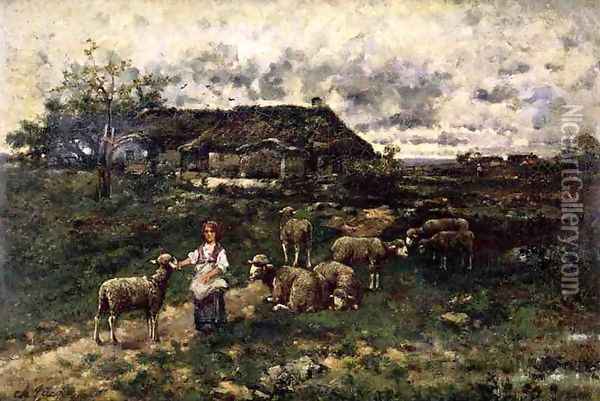 A Shepherdess and Her Flock Oil Painting - Charles Emile Jacque