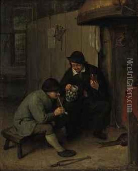 Peasants In An Interior Smoking And Drinking Oil Painting - Adriaen Jansz. Van Ostade