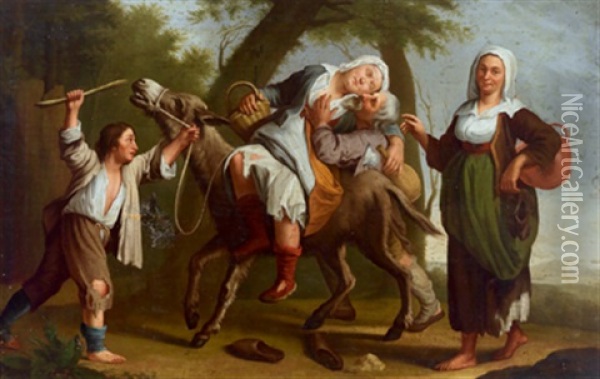 Eine Trunkene Frau Wird Auf Einem Esel Nach Hause Gefuhrt Oil Painting - Francesco Londonio
