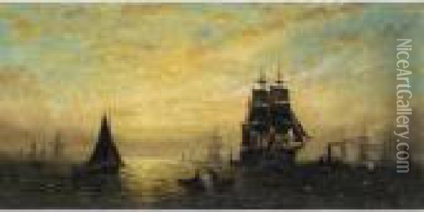 Shipping In An Estuary, Morning; Evening; Night Oil Painting - William Adolphu Knell