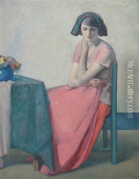 Pensive Young Girl Seated In An Interior Oil Painting - Myron Barlow