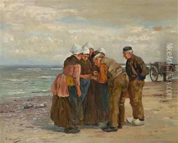 Hollandische Fischer Und Frauen Am Strand Oil Painting - Edmond Louyot