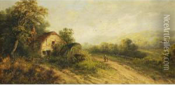 Rural Landscape With Figure On A Path Beside A Thatchedcottage Oil Painting - William Stone
