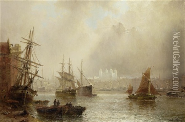 Shipping On The Thames With The Tower Of London Beyond Oil Painting - Claude T. Stanfield Moore