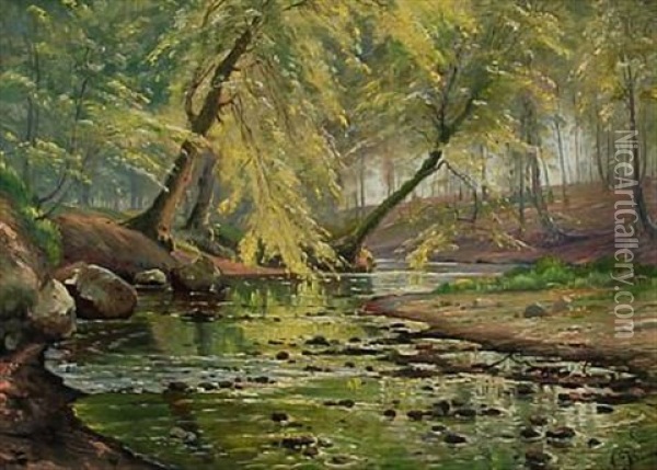 Foraar - Koge Aa (spring Day At Koge Stream) Oil Painting - Johannes Boesen