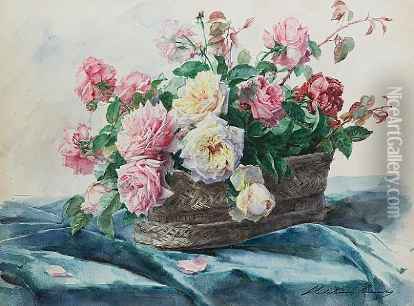 Still Life Of A Basket Of Roses Oil Painting - Madeleine Jeanne Lemaire