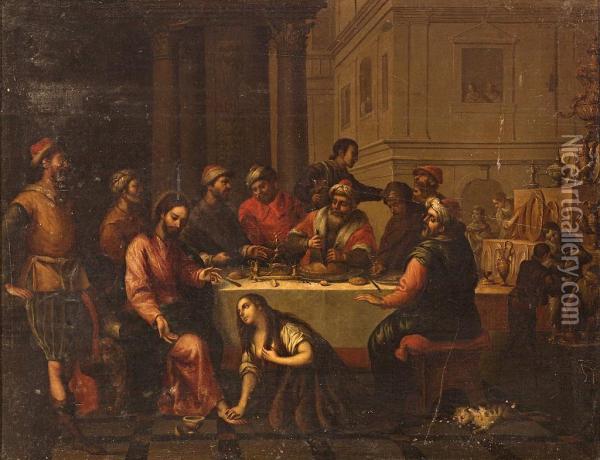 Maria Magdalena Y Cristo En La Casa De Simon, El Fariseo Oil Painting - Matias De Arteaga Y Alfaro