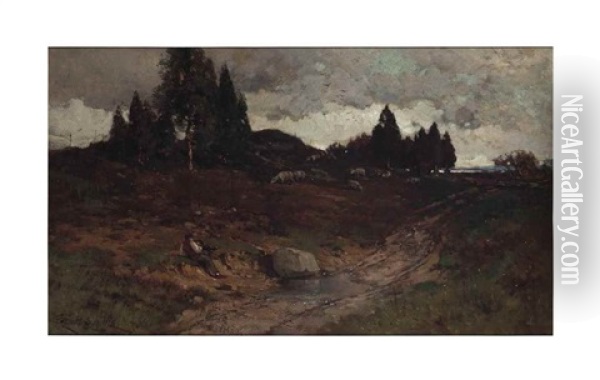 The Shepherd, Grey Autumn Oil Painting - George Henry Smillie