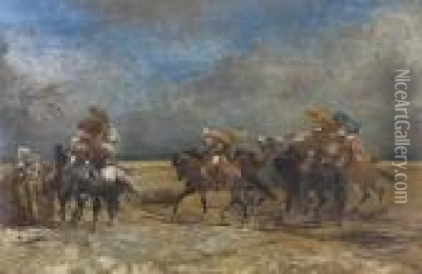 Reitende Beduinen. Oil Painting - Adolf Schreyer