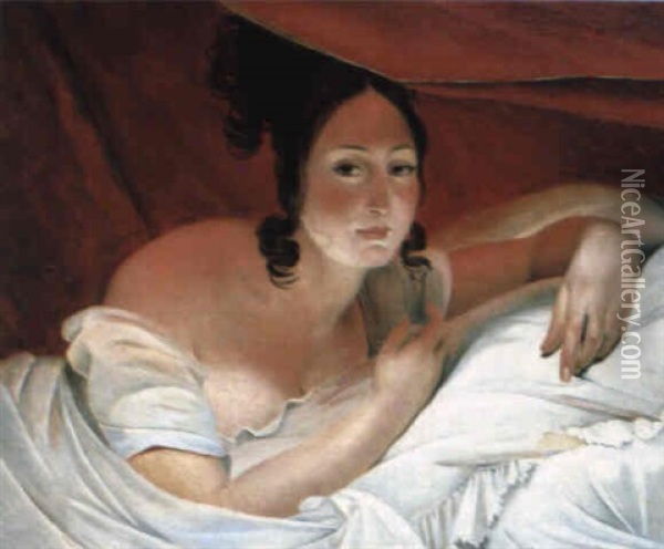 Jeune Femme Dans Un Lit Sous Une Tenture Rouge Oil Painting - Claude Marie Dubufe