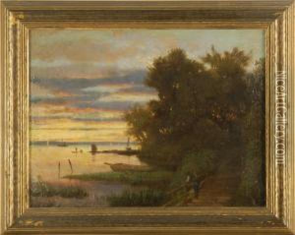 Coastal Inlet Under A Dramatic Sunrise Sky Oil Painting - Frederick Rondel Sr.