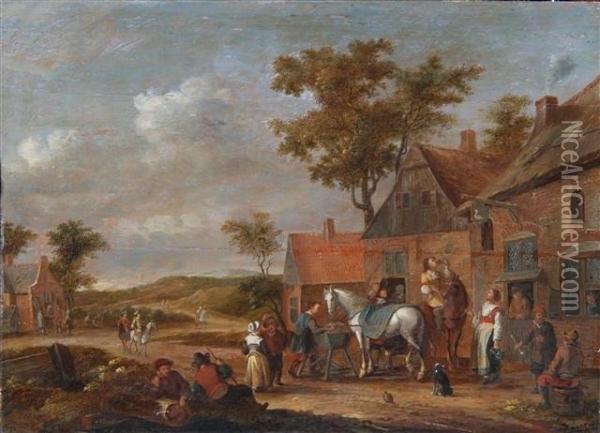 Figures Congregating Outside An Inn Oil Painting - David The Younger Teniers