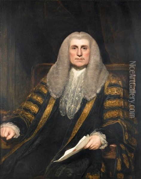 Portrait Of A Gentleman In Lord Chancellor's Robes Holding A Document Oil Painting - George Romney