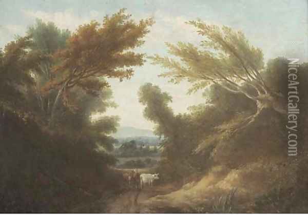 Cattle on a wooded track Oil Painting - English School