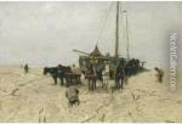 Fishing Boats On Scheveningen Beach Oil Painting - Anton Mauve