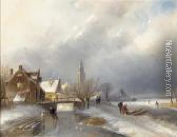 A Winter's Day With Skaters On The Ice Oil Painting - Charles Henri Leickert