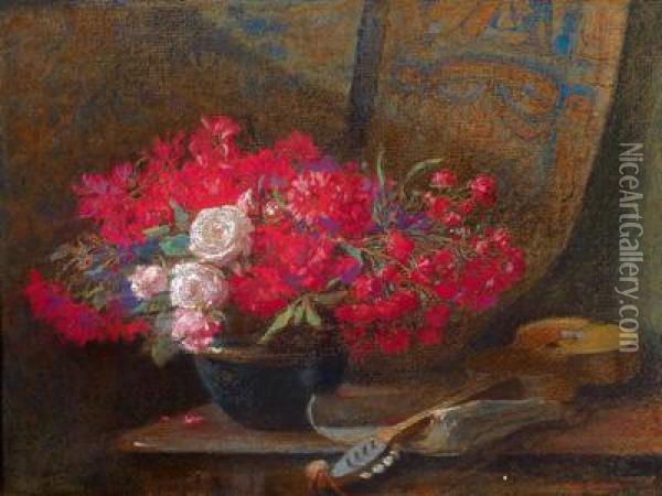 Stilleben Mit Blumenstraus Und Gitarre Oil Painting - Hugo Charlemont