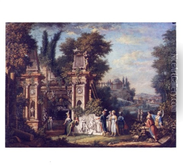 Voyageurs Pres D'une Architecture En Ruine Et D'un Bas-relief Antique Oil Painting - Giovanni Battista Innocenzo Colombo