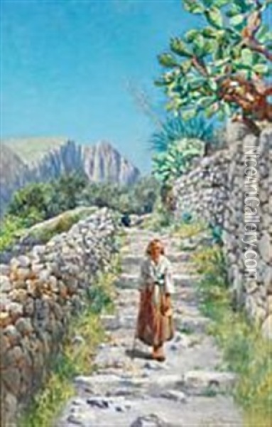 Summer Day In Capri With Peasant Woman On A Mountain Road Oil Painting - Holger Hvitfeldt Jerichau