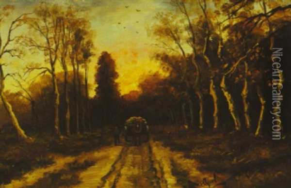 Horse Cart And Traveller Along Tree-lined Path Oil Painting - Louis Apol