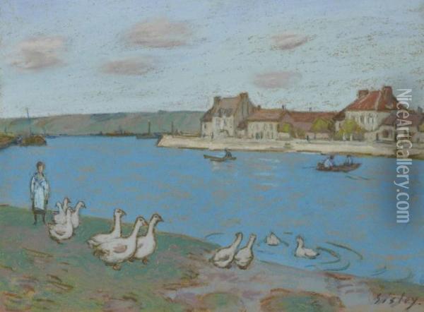Les Oies Au Bord Du Loing Oil Painting - Alfred Sisley