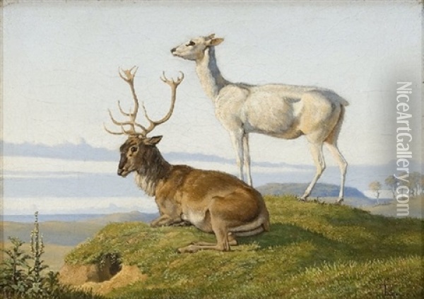 En Liggende Hjort Og En Staende Hind Oil Painting - Johan Thomas Lundbye