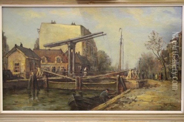 Figuren Bij Ophaalbrug Op De Overtoom Te Amsterdam Oil Painting - Jan Van Der Linde