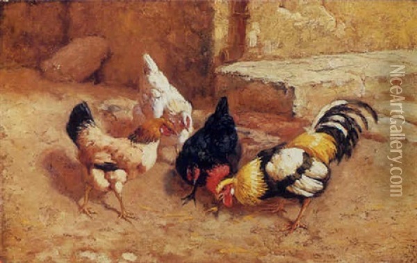 Chickens Feeding In A Courtyard Oil Painting - William Baptiste Baird