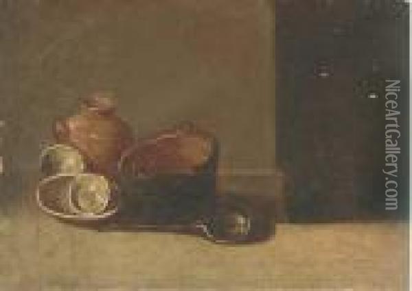 Pots Et Ecuelle Poses Sur Le Sol Oil Painting - Jean-Baptiste-Simeon Chardin