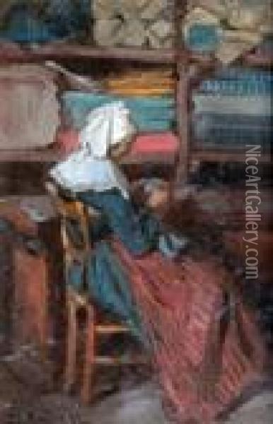 Bretonne Travaillant Dans Sa Boutique, 82. Oil Painting - Henry Mosler