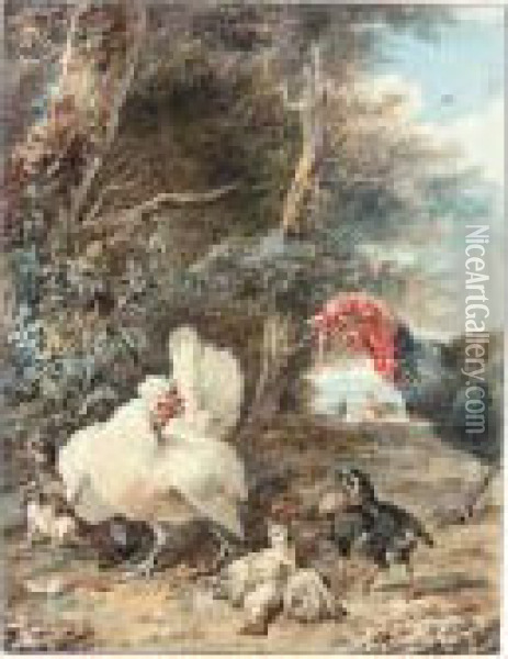 A Turkey Startling Chickens Oil Painting - Aert Schouman