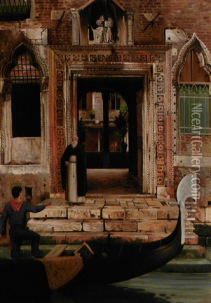 Venetiansk Kanalparti Med Gondoliere, Der Henter En Munk Ved S. Gregorio-klosteret Oil Painting - Josef Theodor Hansen