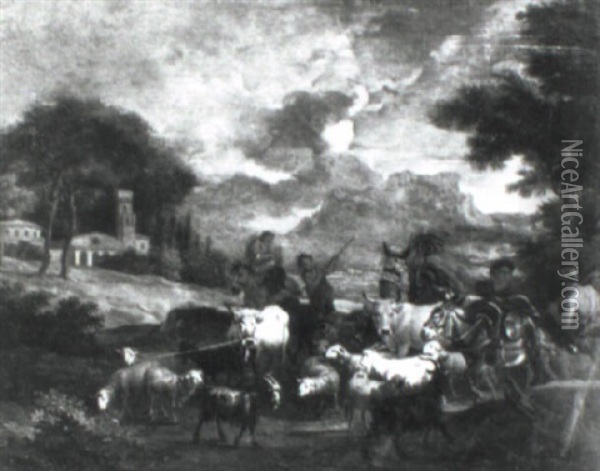 Shepherds And Cattle In An Italianate Landscape Oil Painting - Pieter van Bloemen