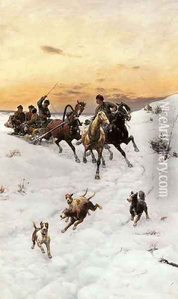 Figures in a Horse drawn Sleigh in a Winter Landscape Oil Painting - Bodhan Von Kleczynski