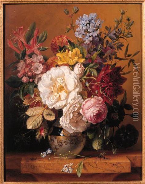A Still Life With Roses, Forget-me-nots, Columbines Andcornflowers Oil Painting - Dirk Jan Hendrik Joostens