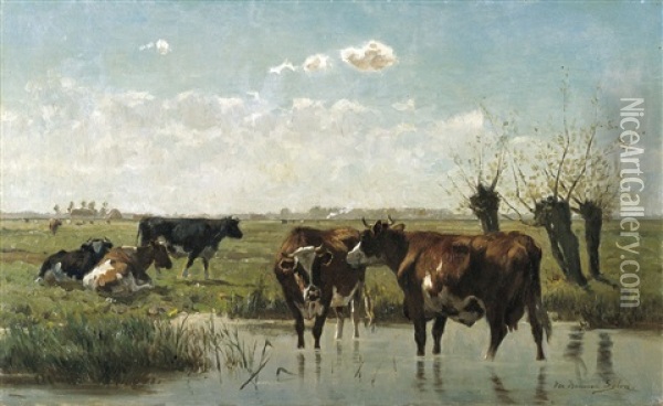 Vaches A L'abreuvoir Dans Un Paysage De Polder Oil Painting - Emile Van Damme-Sylva