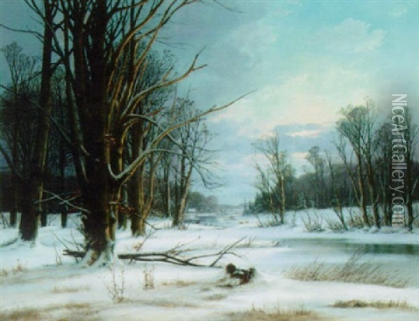 A Frozen Winter Landscape Oil Painting - Alexander Schmidt