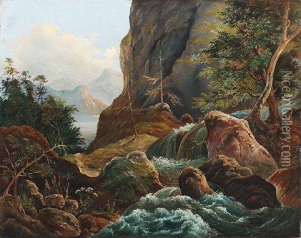 Gebirgslandschaft Mit Wasserfall Oil Painting - Johann Hermann Carmiencke