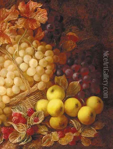 Apples, grapes, raspberries, and a wicker basket, on a mossy bank Oil Painting - George Clare