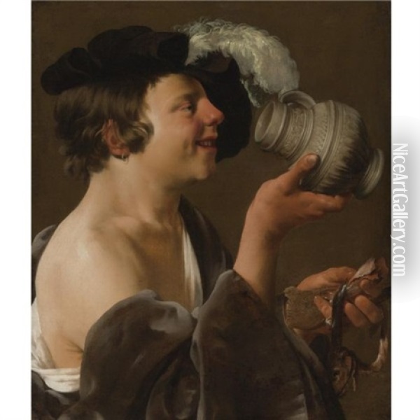 Boy In Profile, Drinking From A Tankard; A Kannekijker Oil Painting - Hendrick Ter Brugghen
