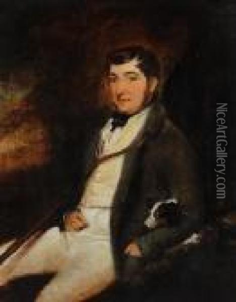 A Portrait Of A Gentleman 
Seated, Three Quarter Length, A Gun Under His Right Arm And A Dog To His
 Left Oil Painting - Richard Ansdell