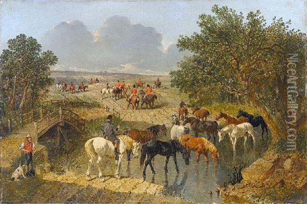 Horses Watering With A Hunt Beyond Oil Painting - John Frederick Herring Snr