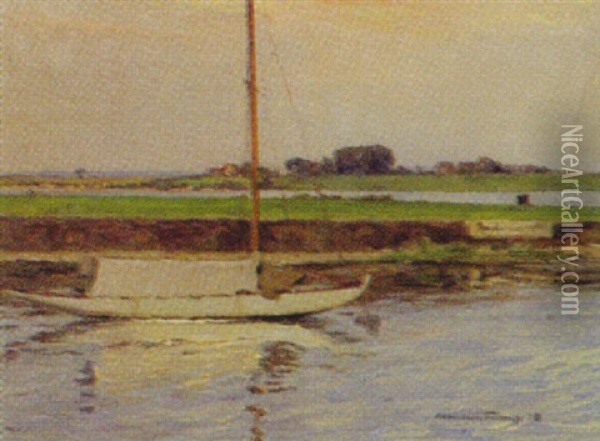 Norddeutsche Landschaft Mit Ankerndem Segelboot Oil Painting - Wilhelm Tramp