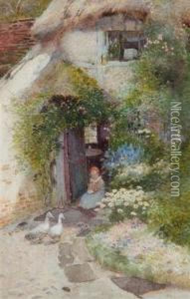 A Child And Two Ducks Outside A Thatched Cottage Oil Painting - Thomas Mackay