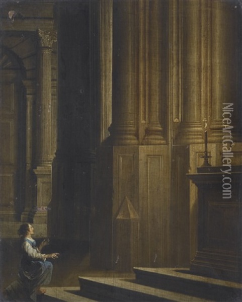 Lady Kneeling Before An Altar In A Candlelit Church Interior Oil Painting - Dirck Van Delen