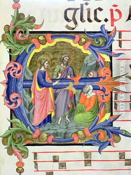 Ms 572 f.107 r Historiated initial 'E' depicting St. John the Baptist introducing Christ to two disciples, from an antiphone Oil Painting - Don Simone Camaldolese