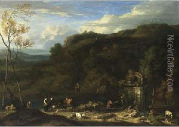 An Italianate Wooded Landscape With Shepherds And Their Herds Near A Nymphaeum Oil Painting - Jan Baptist Huysmans