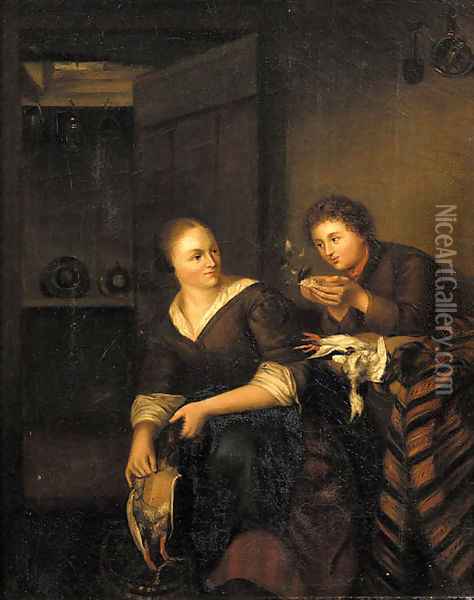 A Vanitas A man courting a maid in an interior Oil Painting - Willem van Mieris