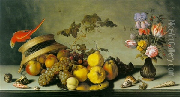 A Still Life Of Fruit On A Pewter Plate, A Parrakeet Perched On A Basket, A Vase Of Various Flowers, Various Shells And A Lizard, On A Ledge Oil Painting - Balthasar Van Der Ast