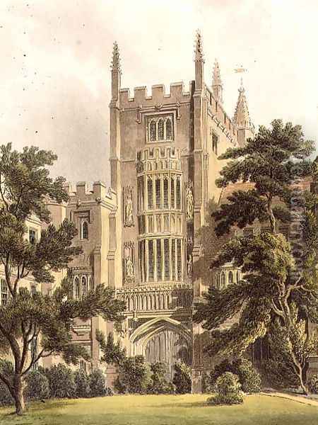 The Old Gate at Magdalen College, illustration from the History of Oxford Colleges, engraved by J. Bluck fl.1791-1831 pub. by R. Ackermann, 181 Oil Painting - Augustus Charles Pugin